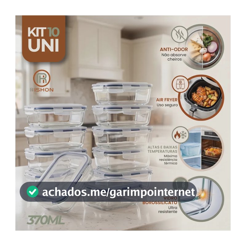 Kit 10 Pote De Vidro Marmita Hermético 370ml Freezer Fitness Rishon