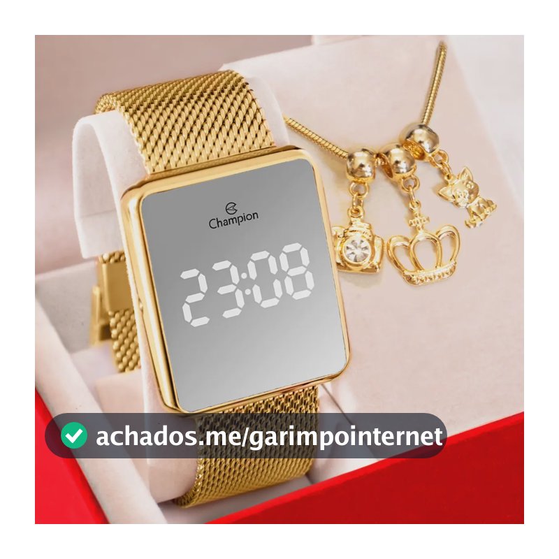 Relógio Champion Feminino Digital Espelhado Dourado Berloque Dourado