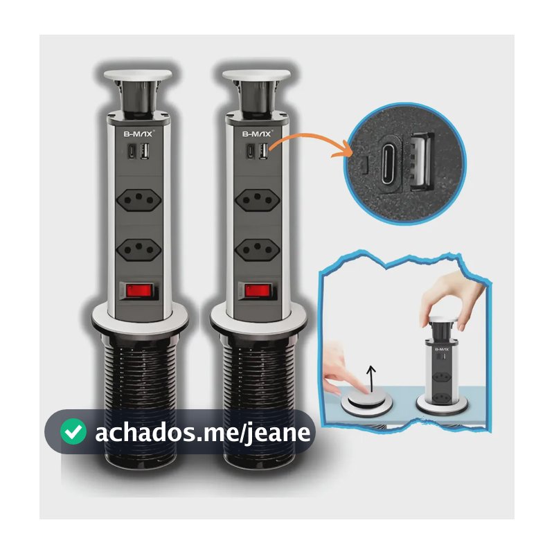 Kit 2x Torre De Tomada Multiplug Usb Tipo-c Retrátil Embutir Preto/prata