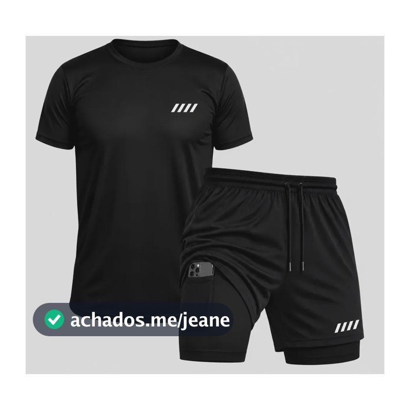 Conjunto Academia Short 2 Em 1 + Camiseta Dryfit Bermuda Kit Preto 4 Listras M