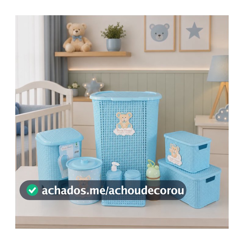 Kit Organizador Completo Azul Rattan Com Porta Leite Em Pó Azul