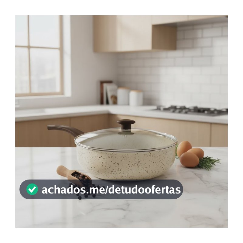 Frigideira Wok 30 Antiaderente Teflon Tampa Vidro Grande Bege