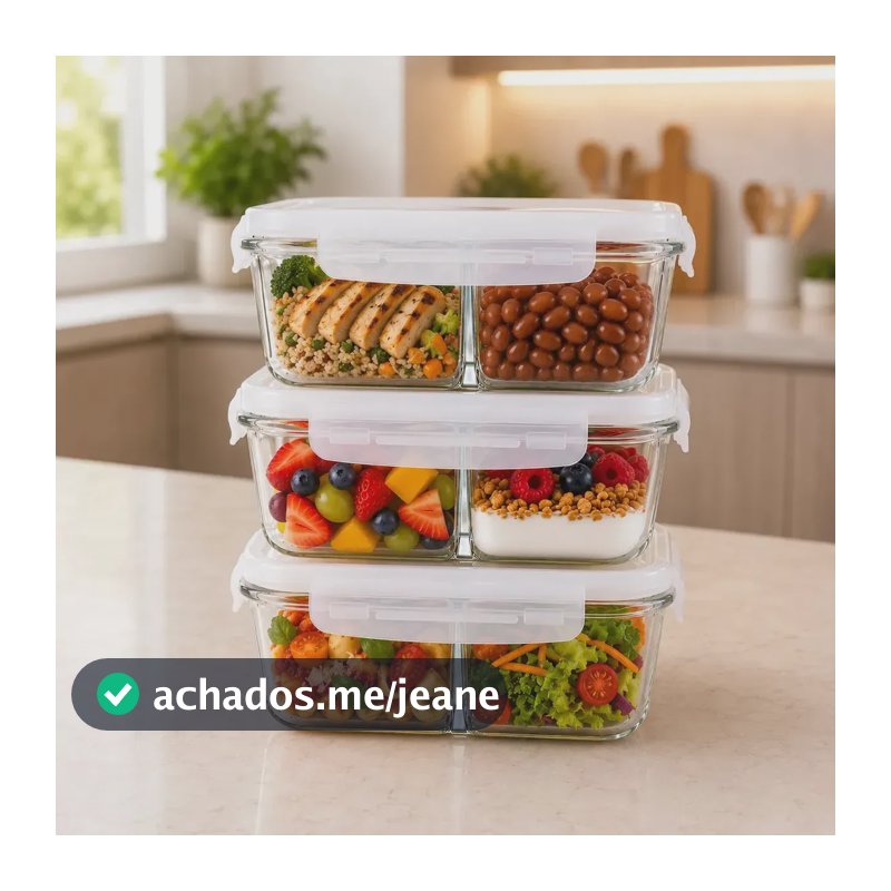 Kit De 3 Potes Vidro 640ml Com Divisória Hermético Refratário Com Tampa E Trava Marmita Fit Forno Alimento Microondas