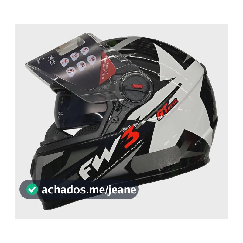 Capacete FW3 GTX Star Preto e Branco Grafite Óculos Interno
