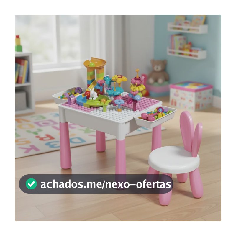 Mesa de Atividades Infantil 2 em 1 com Cadeira Orelhinha para Blocos de Montar e Desenhar Rosa