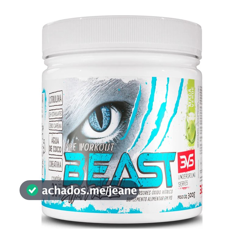 PRÉ TREINO SEM CAFEÍNA BEAST 300g - Sabor Maçã Verde - Fórmula Exclusiva com Citrulina, Beta Alanina, Creatina, Água de Coco, Arginina, Taurina e Tirosina