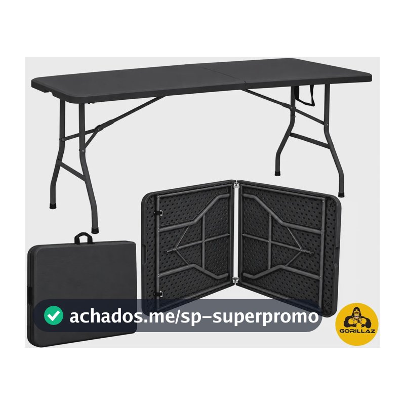 Mesa Dobrável Vira Maleta C/ Alça Portátil 1.80m Para Camping Pesca Jardim Área Externa Interna Preto Gorillaz