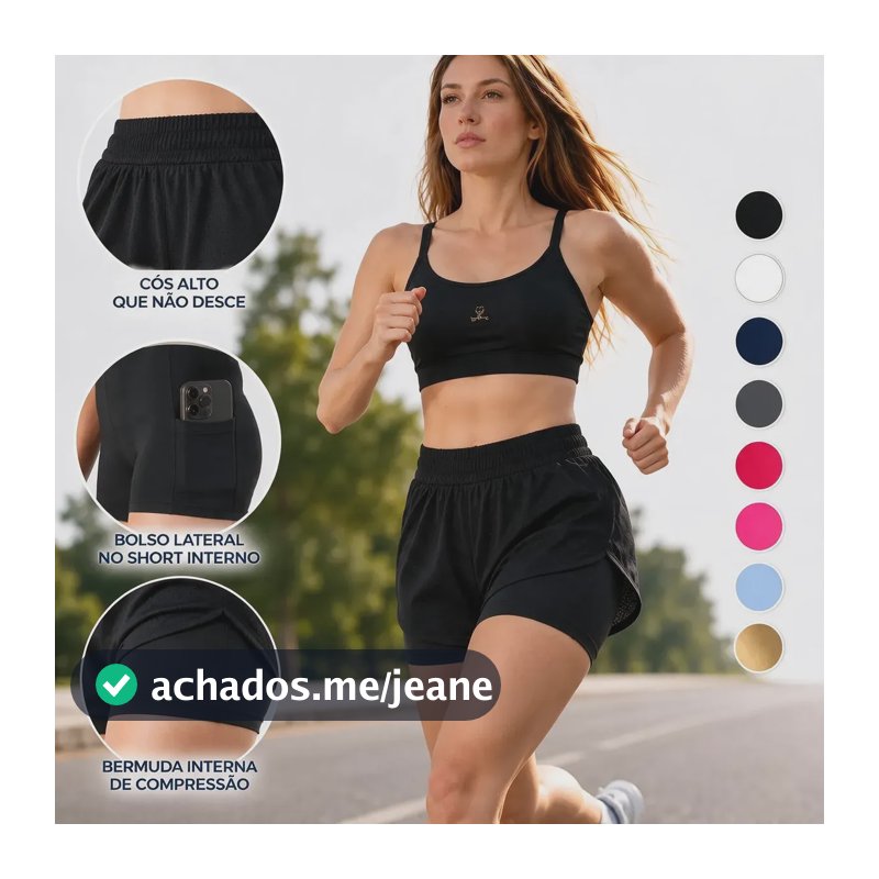 Short 2 Em 1 Esportivo Dupla Camada Corrida Com Bolso Treino Preto Liso M