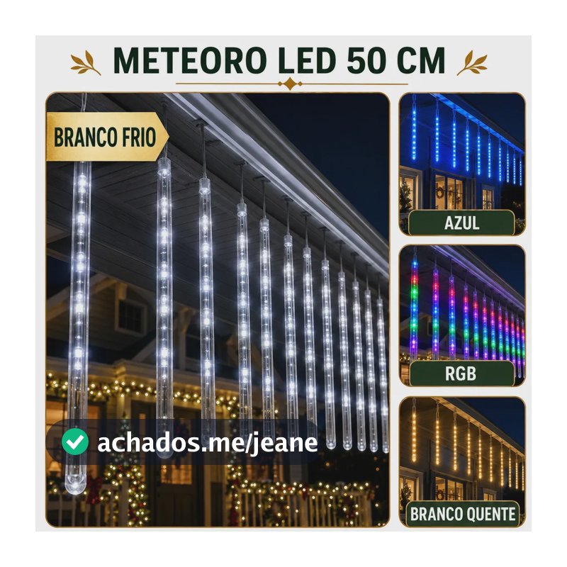 Cascata Meteoro 50cm 8 Tubos Led 3 Metros Bastão Chuva IP65 Decoração Natal Festas Bivolt Cor Branco Frio LuvinCo