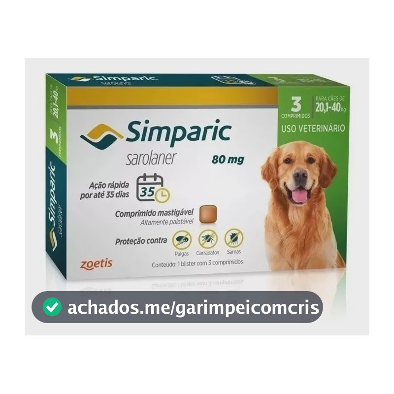 Simparic 80mg Cães 20 A 40kg Pulgas Carrapatos Sarnas 3 Comprimidos