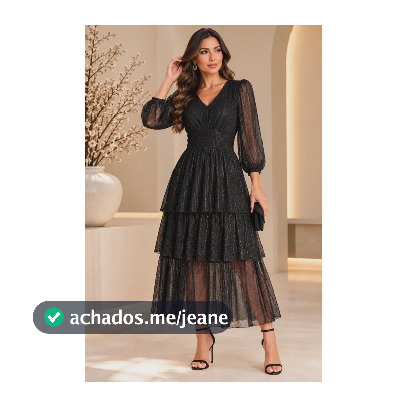Vestido Midi Tule Brilho Manga Longa Festa Elegante Feminino Preto Listras Com Brilh Un