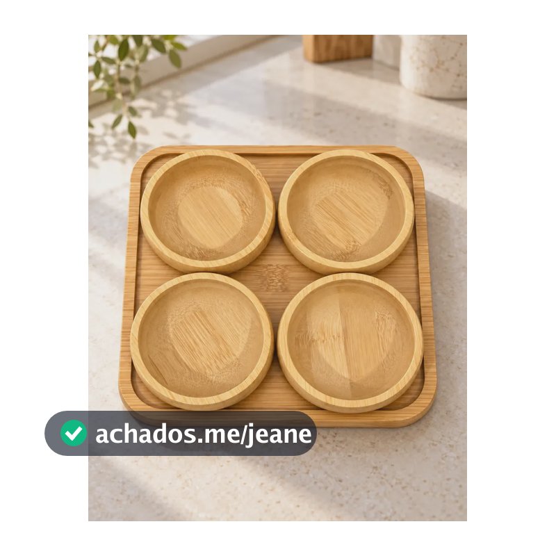 Petisqueira De Bambu 4 Divisórias Tigelas Potes Com Bandeja Bambu