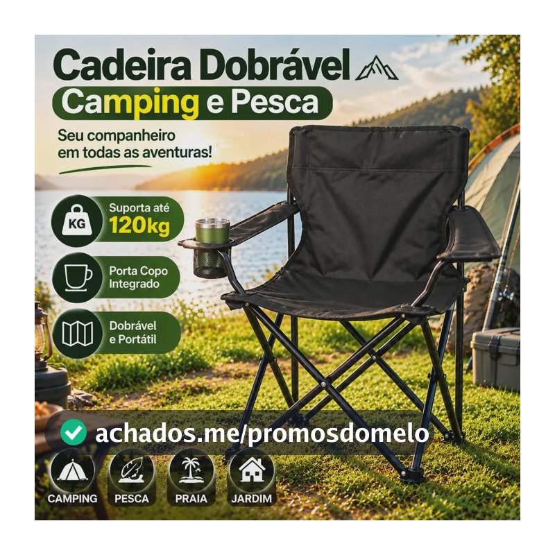 Cadeira Dobrável Camping Pesca com Porta Copo Bolsa Portátil Resistente até 120kg para Praia Jardim e Lazer
