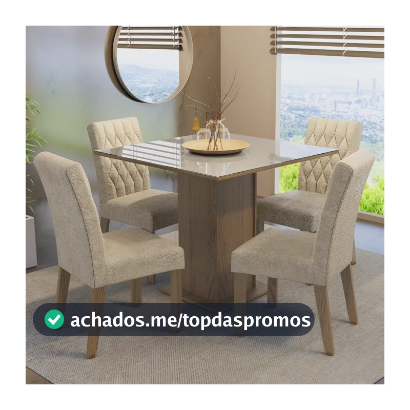 Sala Jantar Estofada Mesa Tampo Vidro 4 Cadeiras Madesa Anaju Rci Cor Rustic/Crema/Imperial MDJA0401387GSIM