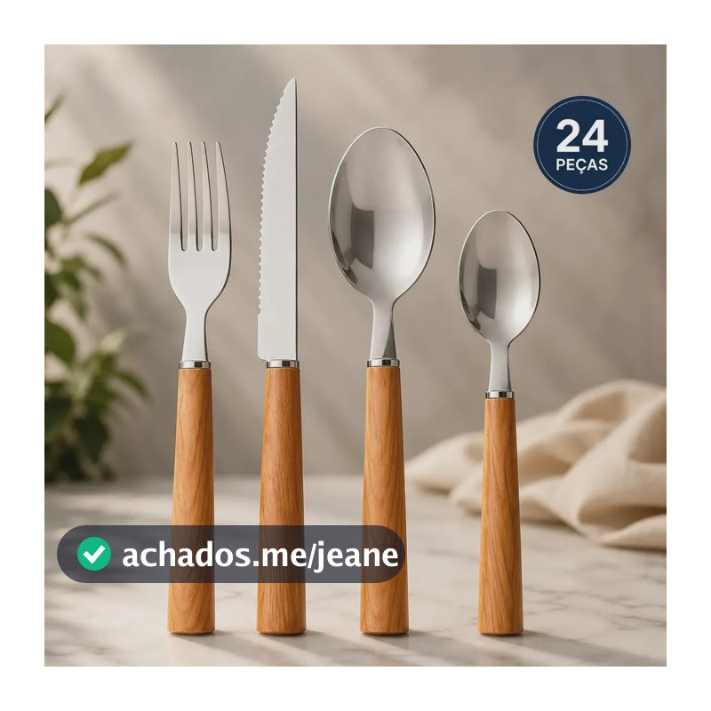 Faqueiro Aurora 24 Peças Aço Inox Cabo Amadeirado Jogo de Talheres Garfo e Faca Completo Mesa Posta Cozinha Alta Qualidade EPM IMPORTS