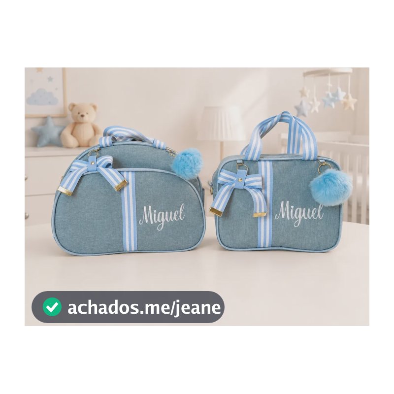 Bolsas  Maternidade Média E Pequena Personalizada Com Nome Fita Azul Bebê/branci