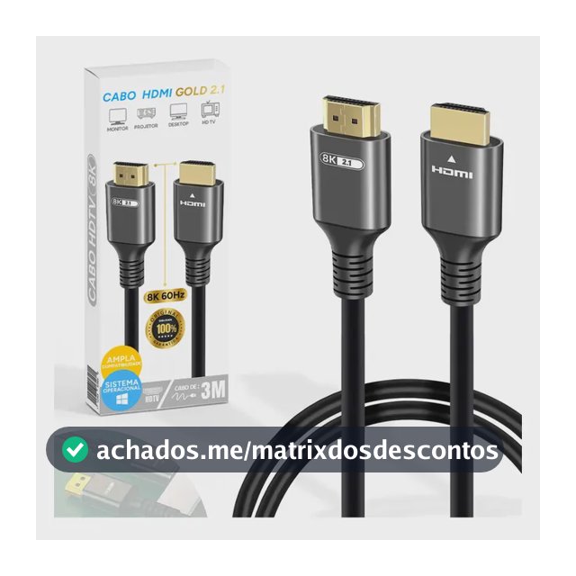 Cabo HDMI 2.1 Gamer 3m 8K 48Gbps 4K 120Hz eARC VRR Banhado a Ouro Para PS5 Xbox TV Monitor