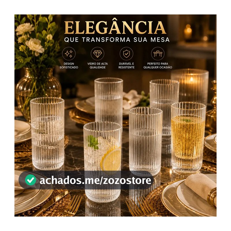 Jogo 6 Copos Vidro Canelado 450ml Grande Premium Água Suco Refrigerante Whisky Gin Drinks Coquetel Cerveja Long Drink Moderno Elegante Mesa Posta Cozinha Restaurante Bar Pétalas Douradas