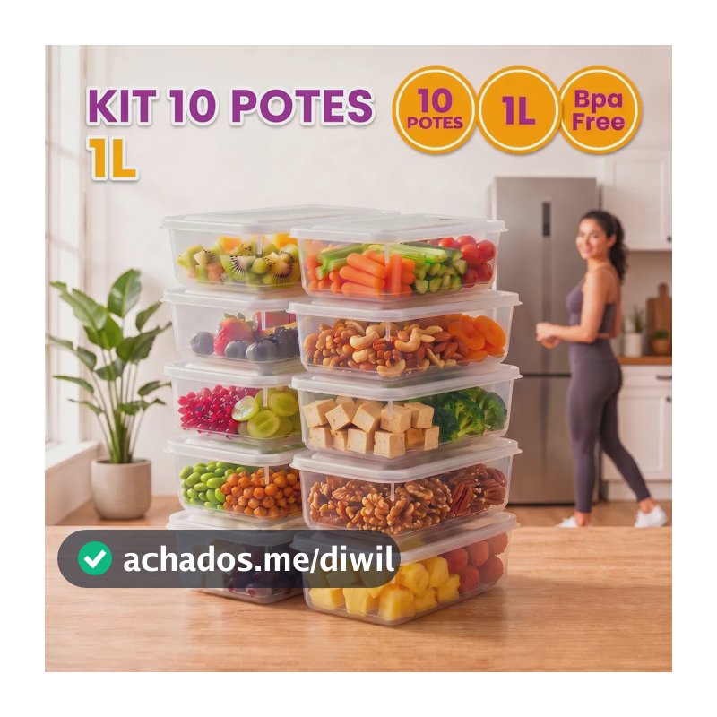 Kit 10 Potes 1 Litro Transparente Marmita Fitness Bpa Free Tampa Hermética Reutilizável Micro E Freezer Mantimentos ponte lar utilidades