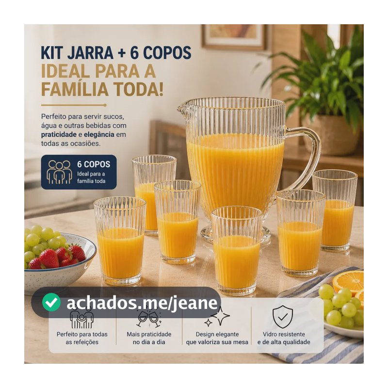 Jogo De Jarra 1 Litro Com 6 Copos 475ml Em Vidro UD Canelado Agave