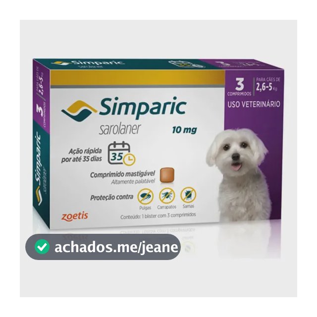 Simparic 10mg C/ 3 Comprimidos Para Cães 2,6kg A 5kg Proteção Completa Antipulgas E Carrapatos Azul