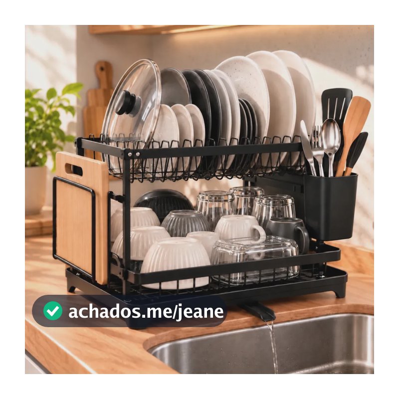 Escorredor de Louça Dois Andares Preto Metal Porta Talheres Tábua Copos Bandeja Coletora Dreno Organizador Pia Cozinha RtexStore