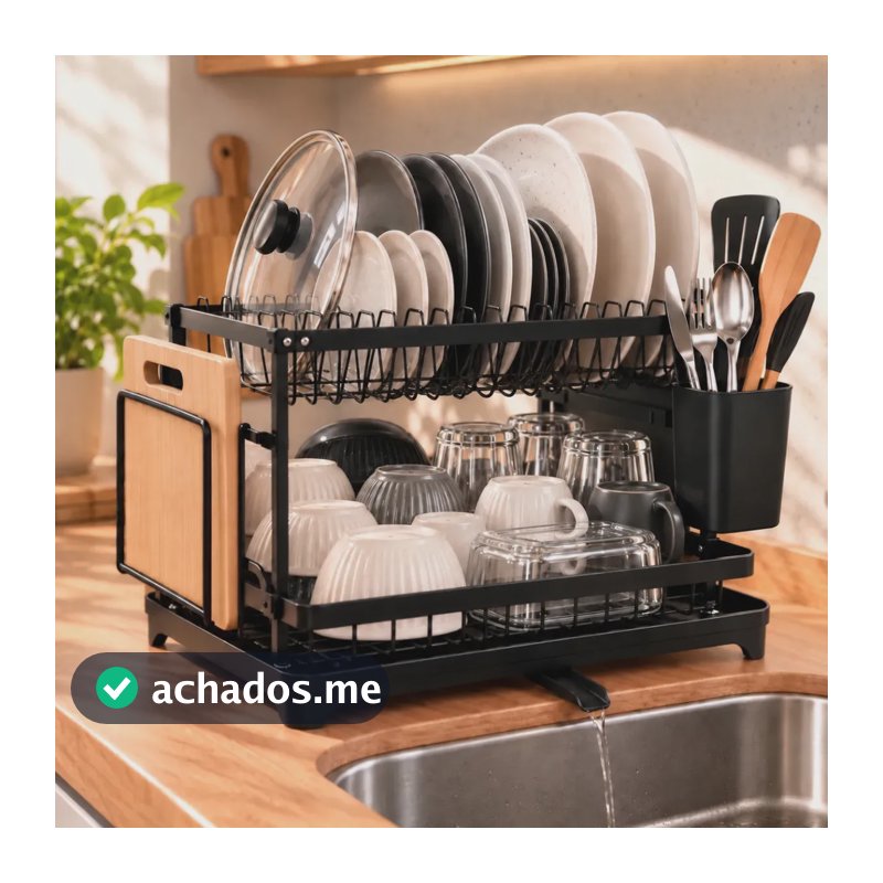 Escorredor de Louça Dois Andares Preto Metal Porta Talheres Tábua Copos Bandeja Coletora Dreno Organizador Pia Cozinha RtexStore