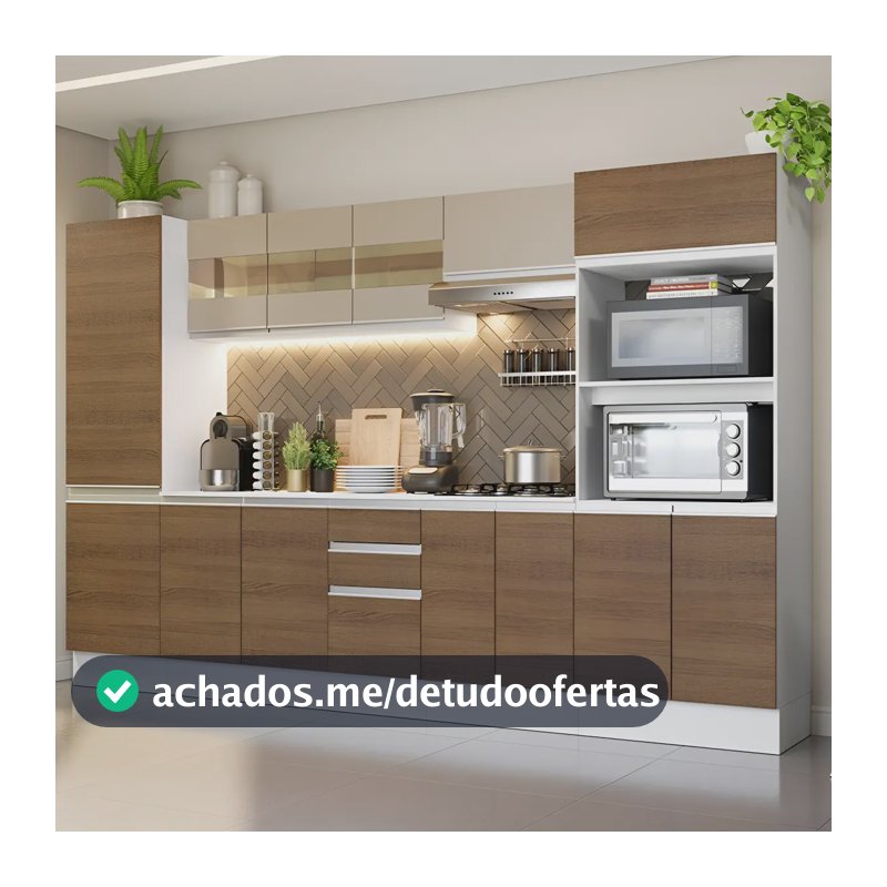 Armário De Cozinha Completa Modulada Madesa Smart 100% Mdf 300 Cm Balcão com Tampo para Cooktop Cor Branco/Rustic/Crema XAGRSM300001A9