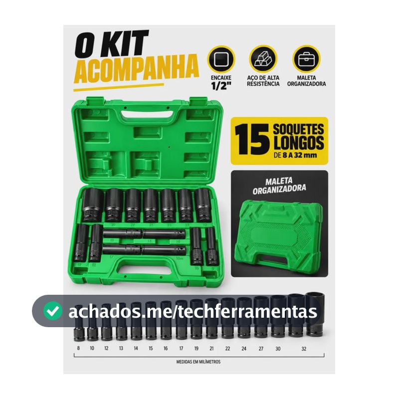 Kit Jogo Soquete Impacto Longo Sextavado 1/2 8-32mm 15 Peças Com Maleta Soquetes Automotivo Ferramentas Chave Impacto Para Mecânico Oficina