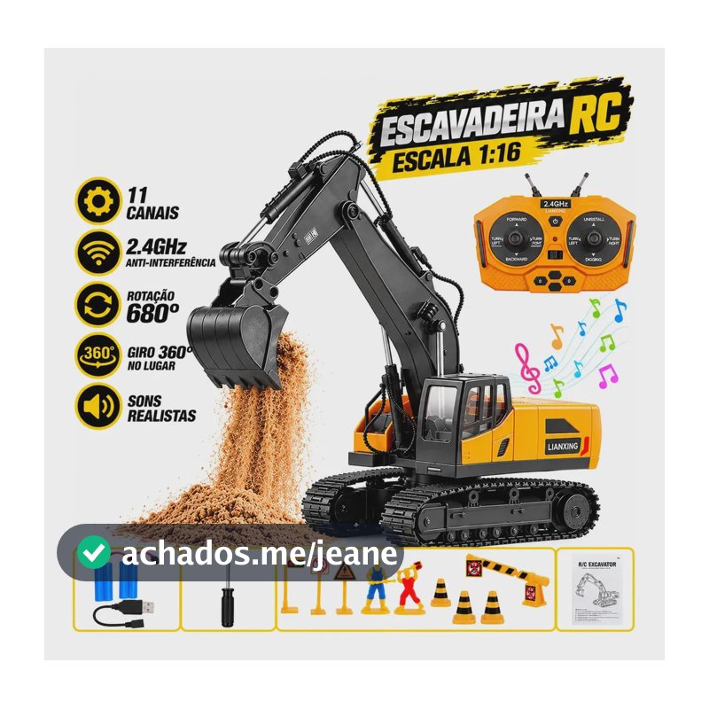 Jogojunto Escavadeira Controle Remoto 11 Canais Com Pá De Metal Luzes E Sons Móvel Cabine Giratória Acessórios Intercambiáveis de Construção 2 Baterias Recarregáveis Infantil +3 Anos