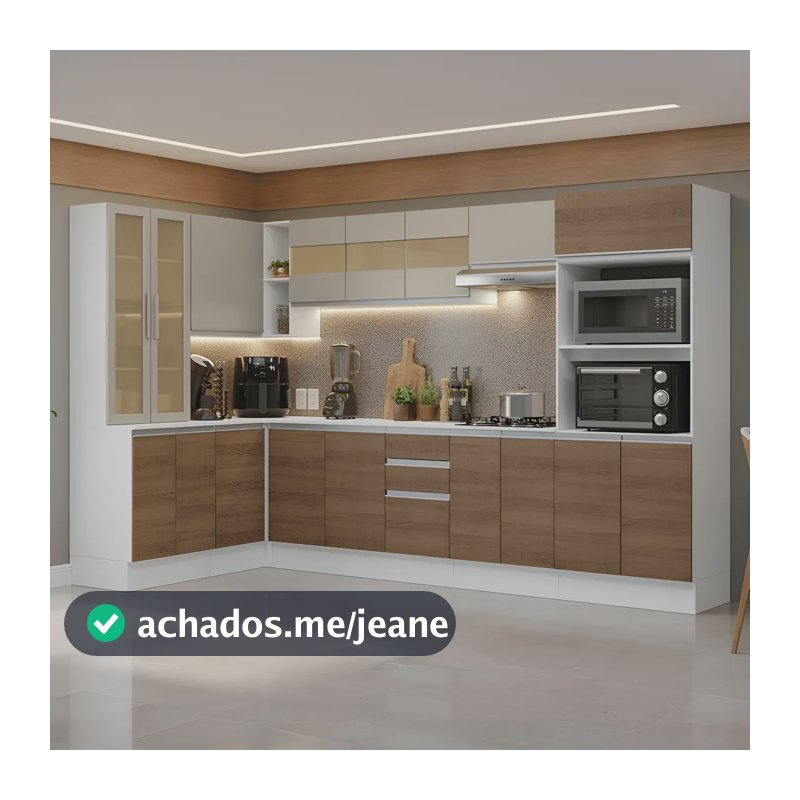 Armário Cozinha Completa Canto Mdf 447 Cm Smart Madesa 02 Cor Branco/Rustic/Crema