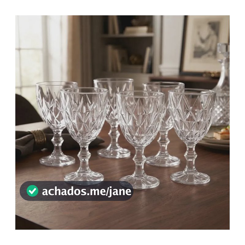 Jogo 6 Taças Diamond Transparente 340ml Vidro Diamante Mesa Transparente