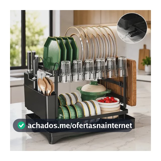 Escorredor De Louça Revestimento Inoxidável Com Porta Pratos Talheres Copos Com 360° Automática Drenagem 2 Andares Hiper Casa Megastore