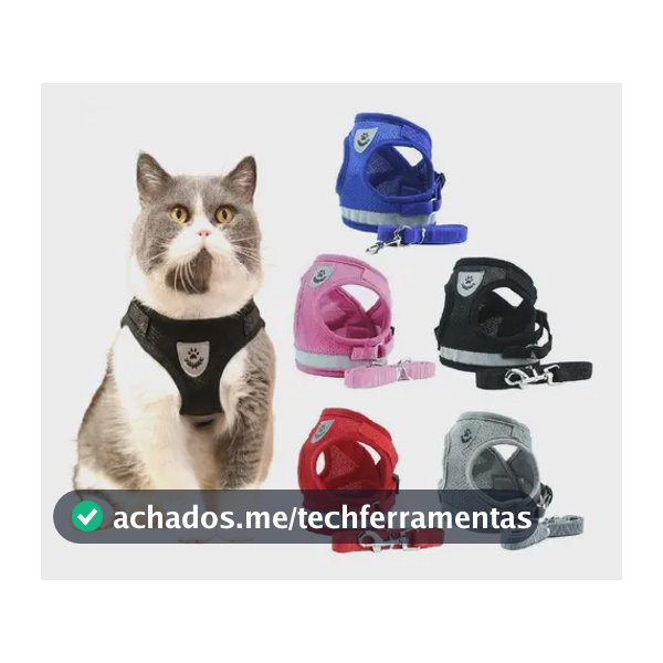 Peitoral Coleira para Gatos Tamanho G com Guia de Náilon Refletor Cinza
