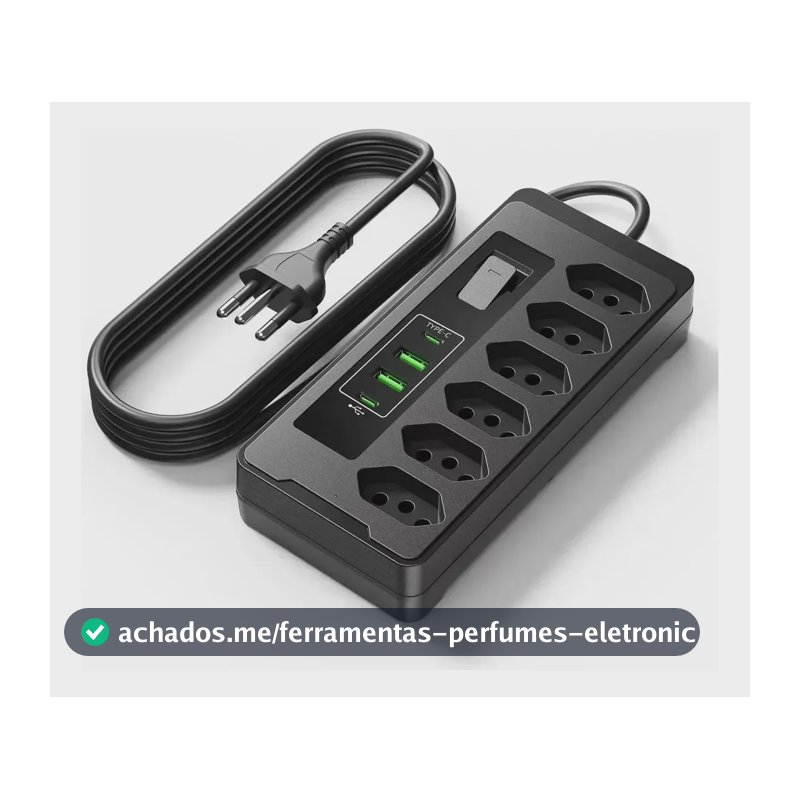 Filtro de Linha para 6 Tomadas com 2 USB e Proteção Contra Sobrecarga, Cabo de 2 Metros e 10A