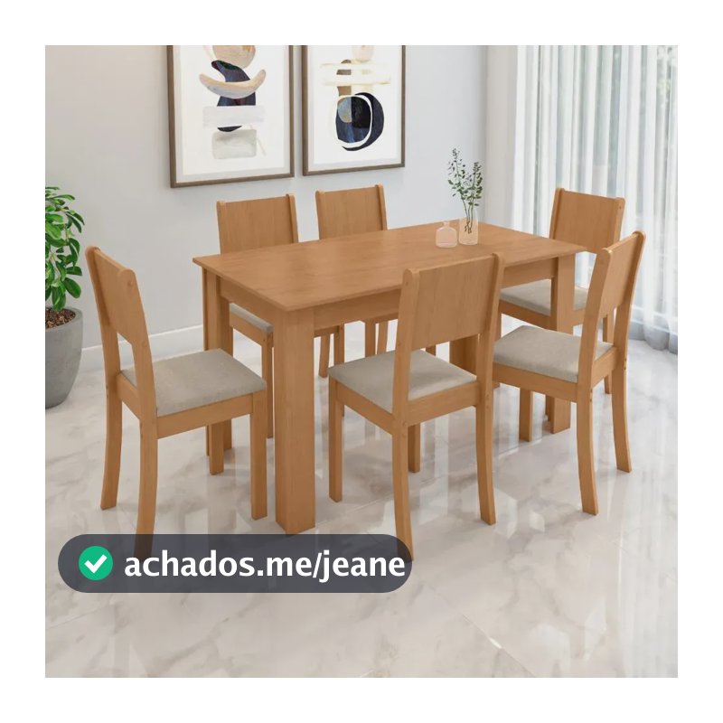 Conjunto de Jantar Móveis Lopas Easy Line para 6 Pessoas, Amêndoa e Linho Bege