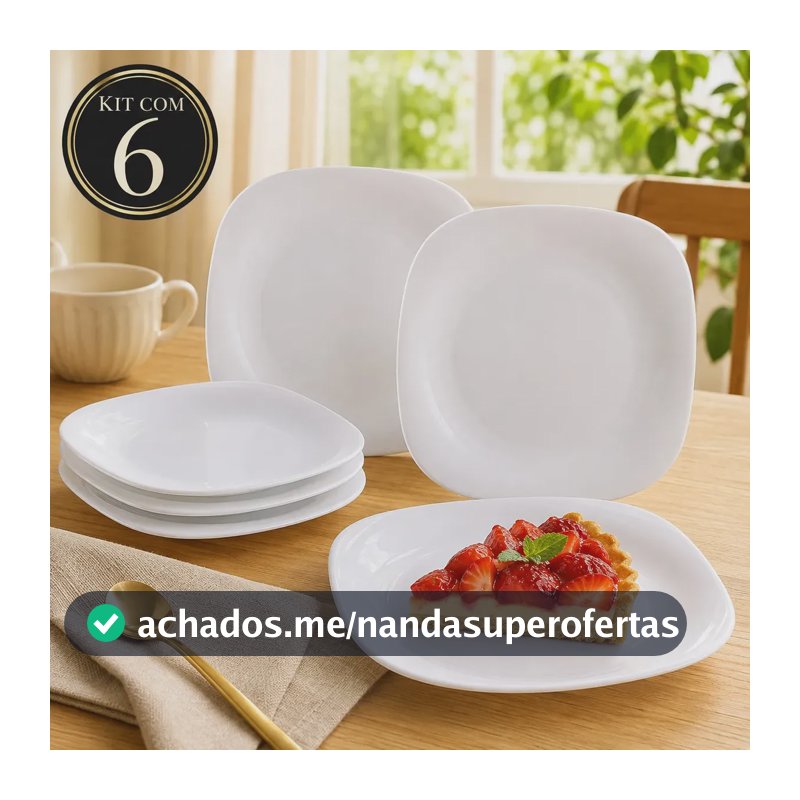 Kit 6 Pratos de Sobremesa Quadrados em Vidro Opalino Branco 21 cm para Mesa
