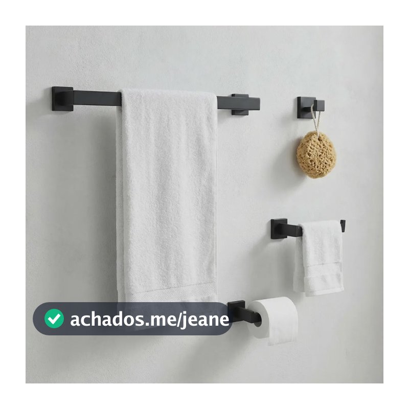 Kit Acessórios Banheiro Preto Inox 4 Peças Quadrado Premium Barra Toalha Porta Papel Higiênico Gancho Toalha de Rosto Multiuso Antiferrugem Instalação Com Parafuso Stillus Home