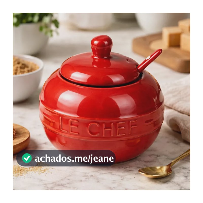 Açucareiro 300ml Le Cheff Em Cerâmica Com Colher Cor Vermelho