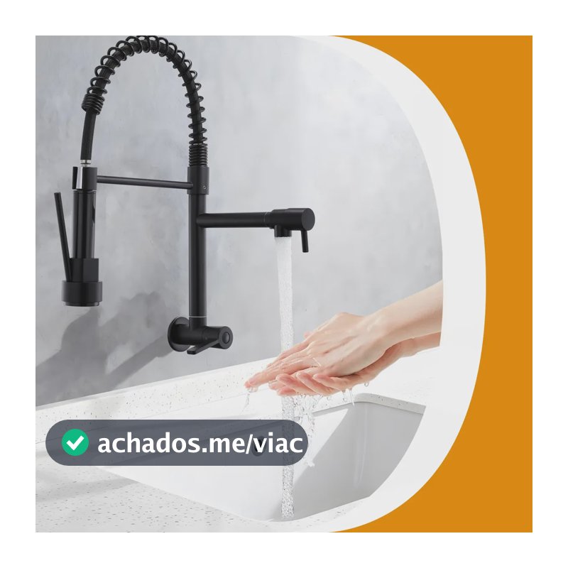 Torneira Gourmet Cozinha Mola Grande Flexível Luxo 360° Preto Parede