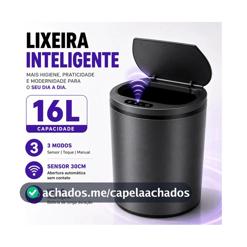 Lixeira Inteligente 16L Com Sensor Automático USB-C Para Cozinha Banheiro Cinza