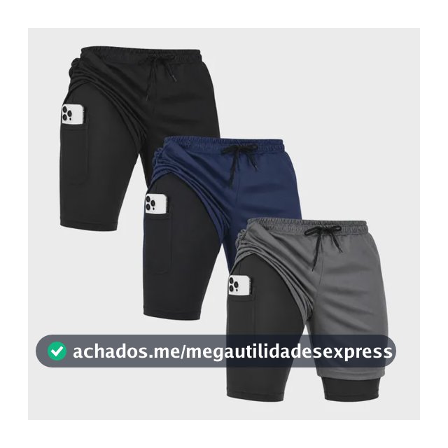 Kit 3 Short Duplo Com Bolso 2 Em 1 Bermuda Academia Corrida