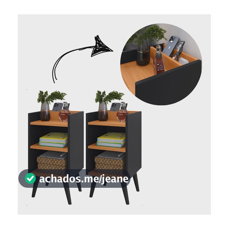 2 Criado Mudor C/ Gaveta E Prateleira Maravilho Quarto Decor Acabamento Brilhante Cor Kit Max Preto/Cina