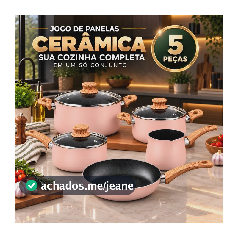 Jogo De Panelas 5 Peças Antiaderente Cerâmica Caçarolas Luxo Rosa