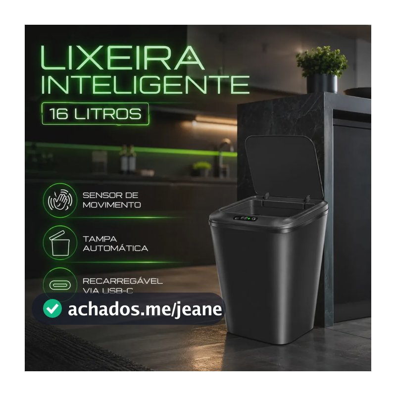 Lixeira Inteligente 16 Litros Com Sensor Automático Recarregável Usb Tampa Touchless Anti Odor Ideal Para Banheiro Cozinha Escritório Cor Preto