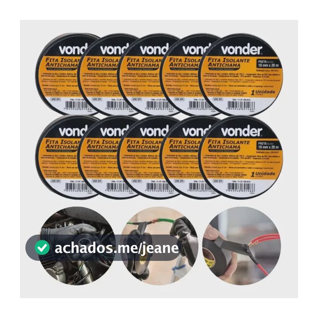 Kit 10 Fitas Isolante Antichama Vonder 19mm X 20m Preta Preto 20m