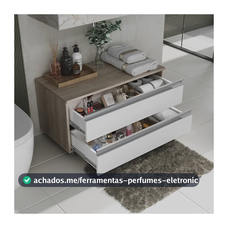 Armário Rodinhas Gabinete Banheiro 80cm - Parte Baixo Creta Pia sem cuba Móvel Madeirado/Branco