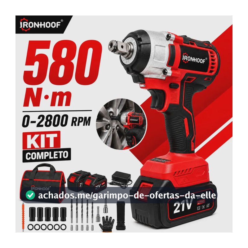Chave De Impacto IRONHOOF Potente Brushless Bivolt Profissional Com 2 Baterias