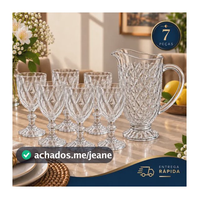 Kit 6 Taças Diamond 375ml + 1 Jarra Diamante 1,2l Vidro Água Transparente