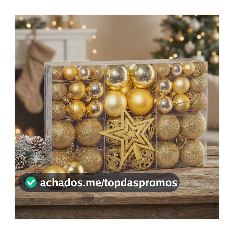 Kit 100 Bolas + Estrela Pendentes P/ Decoração Árvore Natal Dourado